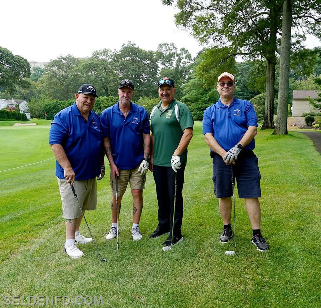 Selden Members participating in a foursome for the 2025 Annual FASNY Convention Golf Outing. From Left to Right, Ex-Chiefs Sean Worrell and John Cronin, and Firefighters Brian Stone and Vinny Ammirati